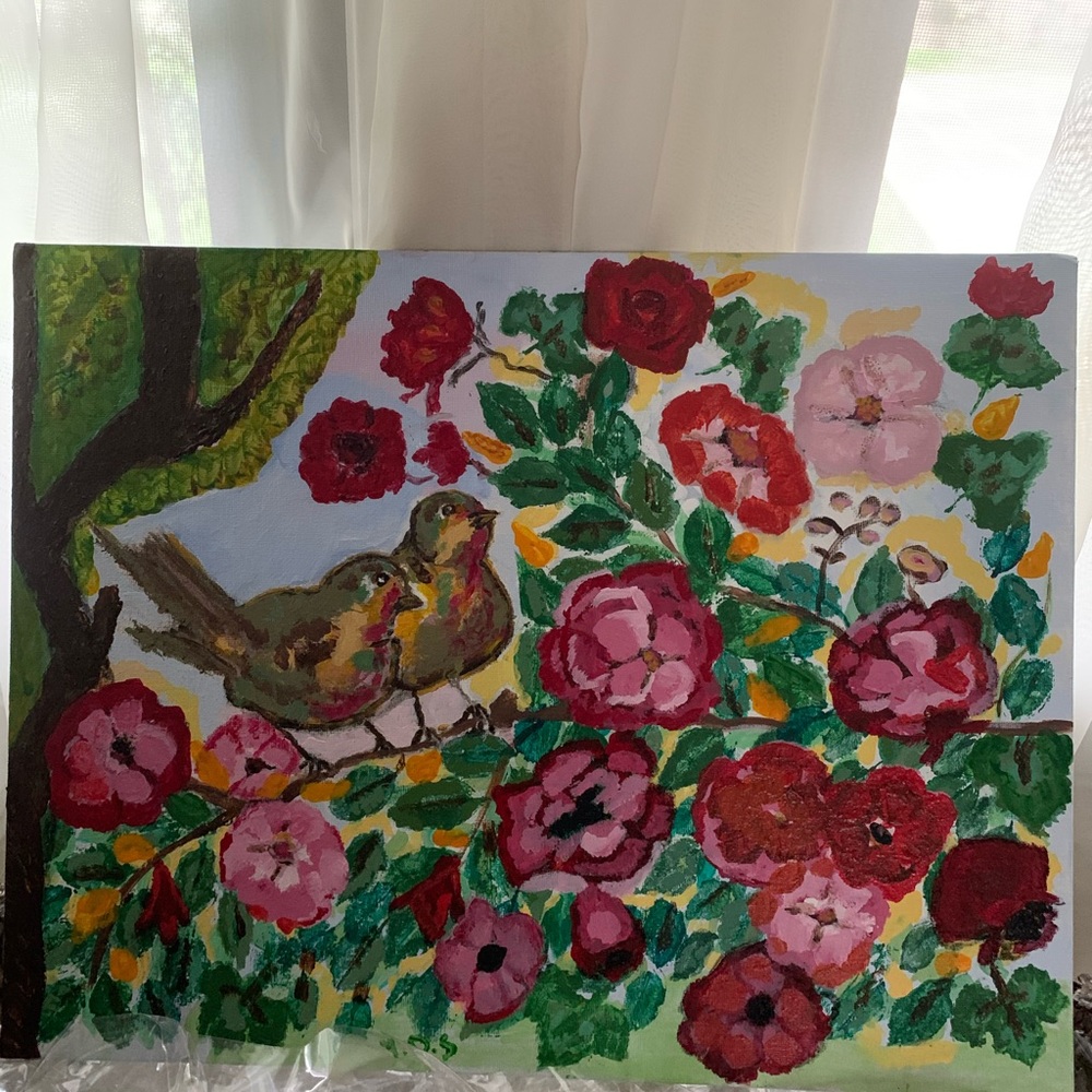 Acrylic painting. Two love birds , colorful.